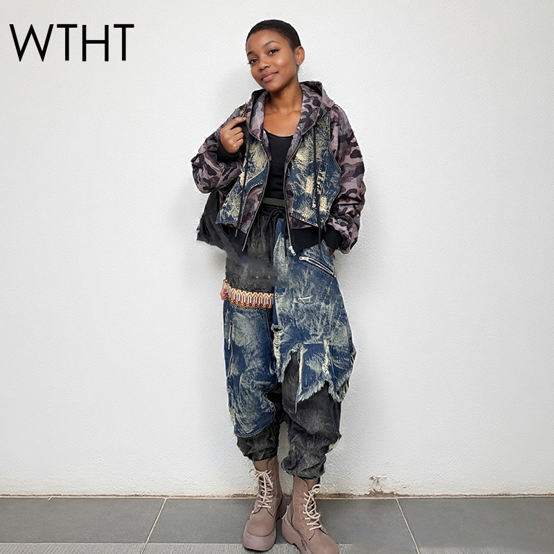 Patchwork Jean Jacket - WTHT Trendy dames camouflage gesplitst wassen