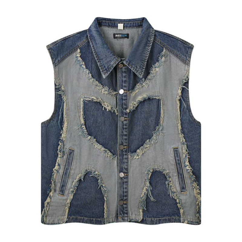 Patchwork Jean Jacket - Europese en Amerikaanse heren revers mouwloos