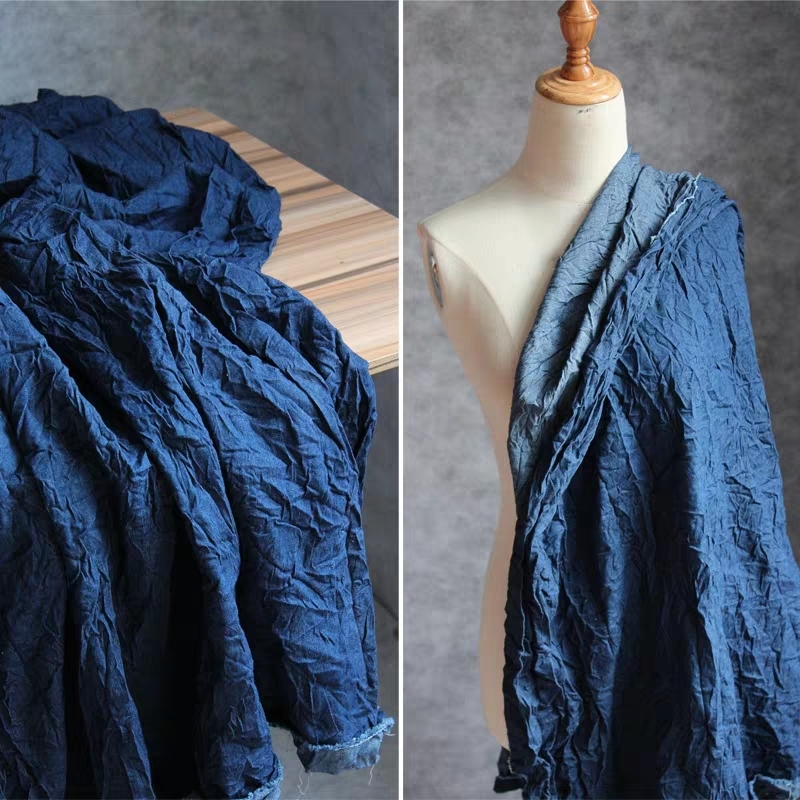 Patchwork Jean Jacket - Blauwe geplooide denim katoenen stof Microfolds