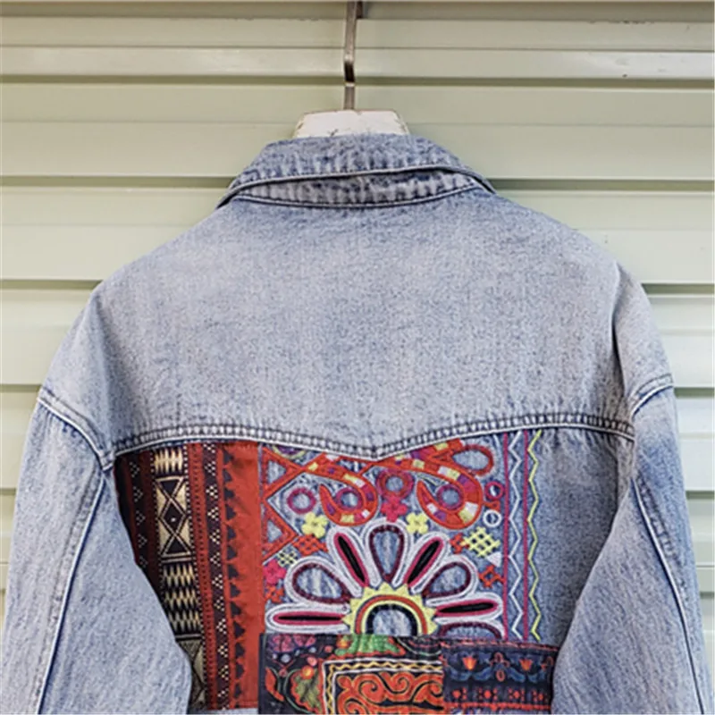 Patchwork Jean Jacket - Bohemen Borduren Splicing Grote Zak Denim