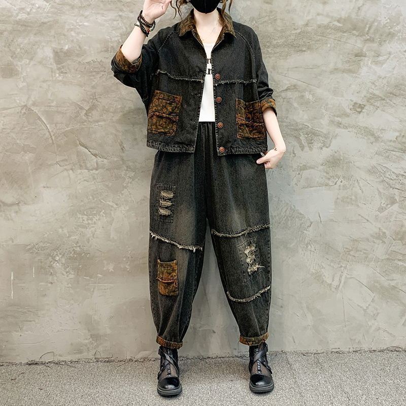 Patchwork Jean Jacket - Herfst Winter Dames Retro Cowboy Set
